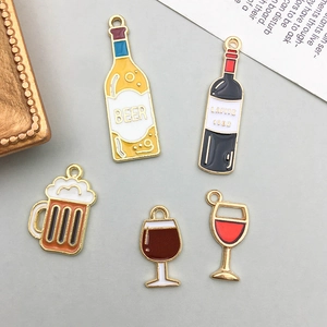 Cartoon enamel wine and beer bottle charms with gold finish for DIY jewelry making