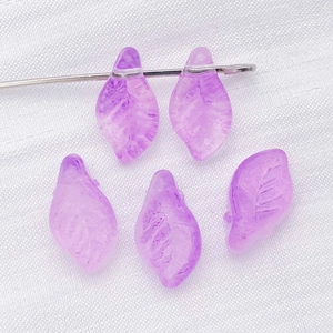 Five purple frosted glass leaf pendants with detailed vein texture for DIY jewelry making