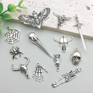 Gothic vintage silver skull and animal skeleton alloy charms set for DIY jewelry