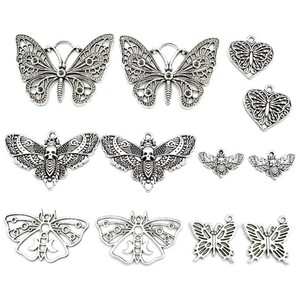 Vintage hollow butterfly and moth alloy pendants set in antique silver for DIY jewelry