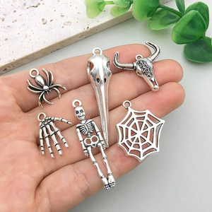 Vintage silver skull and spider charms set for Halloween DIY jewelry making