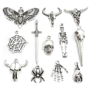 11pcs retro silver gothic skull and skeleton alloy charms for Halloween jewelry making
