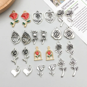 Breloques de Rose en Alliage de Zinc Vintage pour la Fabrication de Bijoux Argent Antique Émail Rouge Pendentifs DIY