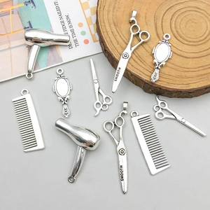Antique silver hair tool charms including scissors and comb for DIY jewelry making