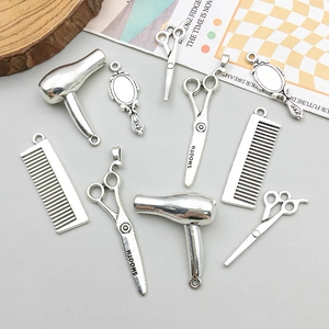 Antique silver hair salon charms set featuring scissors dryer comb for DIY jewelry making