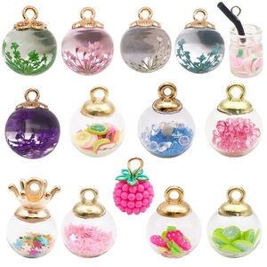 Colorful glass bottle pendants with dried flowers and star sequins for DIY jewelry making