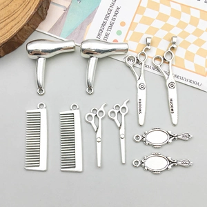 Detailed silver hair dryer comb and scissors alloy charms for DIY jewelry making