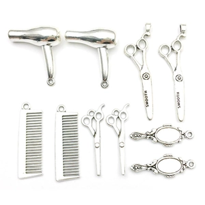 5-piece silver hair stylist charm set including scissors, blow dryer, and comb for DIY jewelry