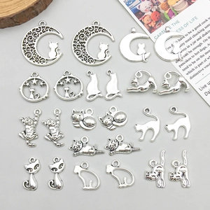 Vintage Altsilber Zinklegierung Katze Anhänger Für DIY Schmuckherstellung Hohle Mond Stern Kätzchen Charms Für Halskette Armband
