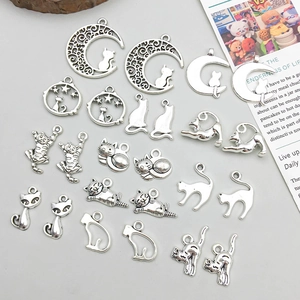 Vintage Silber Mond-Katzen-Anhänger-Set für DIY Schmuckherstellung Zubehör