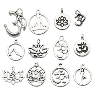Set van 12 antieke zilveren yoga-bedeltjes met Om-symbool en lotus voor DIY-sieraden