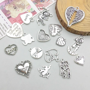 Antique silver heart and angel wing alloy charms for DIY jewelry making sets