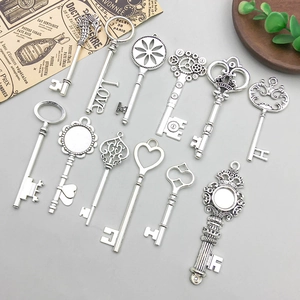 Assorted vintage silver alloy key pendants with heart and crown designs for DIY jewelry