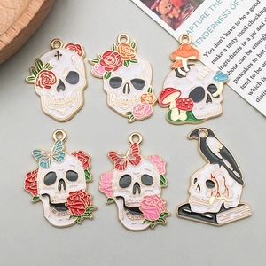 Halloween Zinc Alloy Enamel Skull Charms Vintage Gothic Rose Mushroom Crow Butterfly Skeleton Pendants For DIY Jewelry Making Accessories