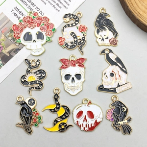 Halloween Gothic Alloy Enamel Charms For Jewelry Making DIY Skull Crow Snake Rose Moon Pendant Accessories For Necklace Bracelet