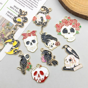 Gothic Halloween enamel charms set featuring raven snake and skull for DIY jewelry making