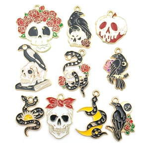 Gothic Halloween enamel charms set featuring skulls snakes and crows in retro metal finish