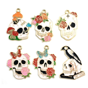 Halloween cartoon skull pendants with colorful mushrooms, roses and ravens for DIY jewelry