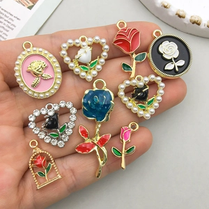 Set of DIY rose heart charms with oil drip technique and pearls for jewelry making