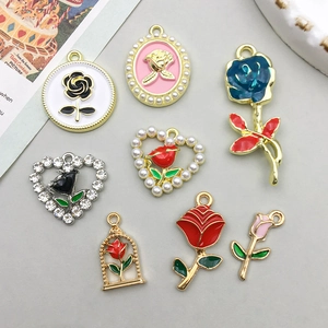 Colorful enamel rose and heart pendants set with pearls and rhinestones for DIY jewelry