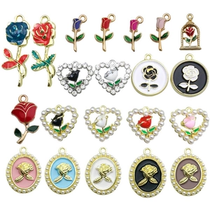 Colorful enamel rose and heart pendants with pearls in various designs for DIY jewelry