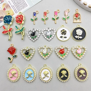 Alloy Enamel Rose Heart Flower Pendant Charms With Faux Artificial Pearl Rhinestone For DIY Jewelry Making Necklace Bracelet Women Jewelry