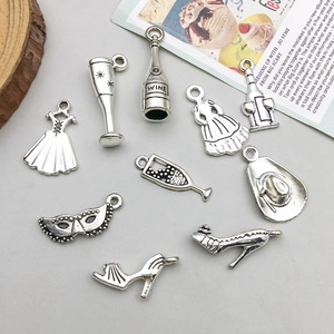 Antique silver wine theme charms including bottle, glass and heels for DIY jewelry making