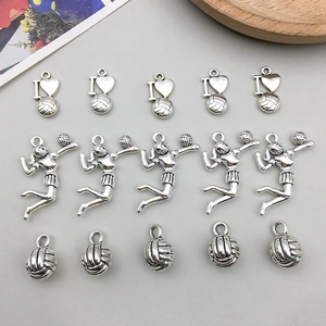 Detailed set of antique silver volleyball athlete pendants for DIY jewelry making