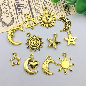 Antique gold celestial alloy charms set featuring sun moon and stars for DIY jewelry