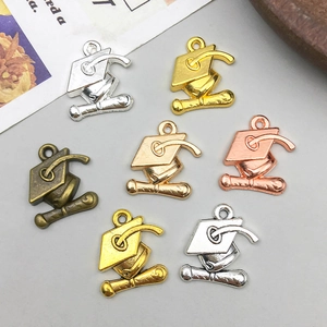 Zinc alloy graduation cap and diploma scroll charms in various metallic finishes
