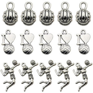 Antique silver volleyball charms set with heart and player designs for DIY jewelry