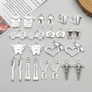 Antique Silver Alloy Dental Medical Charms Tooth Toothbrush Ambulance Nurse Hat Pendants For DIY Jewelry Making Crafts