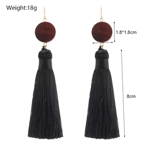 Bohemian retro black fringe earrings with red wood beads and long silk tassels