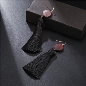 Retro bohemian long black fringe tassel earrings with round wooden beads and gold hooks