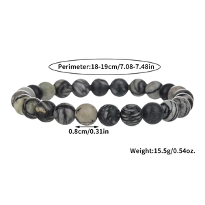 Bracciale unisex con perline di pietra naturale da 8mm e motivi marmorizzati bianchi e neri