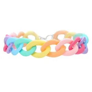 Macro detail of colorful macaron acrylic chain links with silver lobster clasp closure
