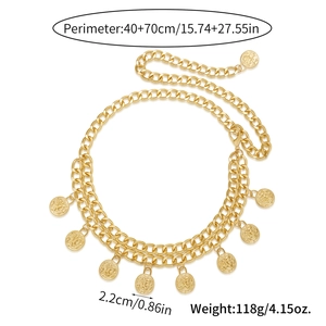 Close-up of golden double-layer chain waist belt with vintage coin pendants and dimensions