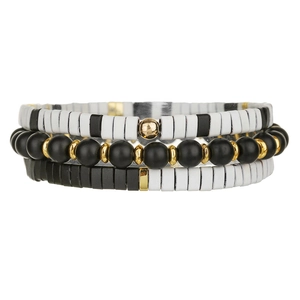 Juego de 3 pulseras de cuentas TILA en negro, blanco y dorado para estilo playa y amistad