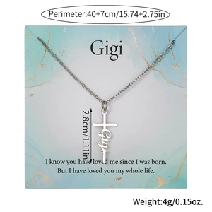 Silver stainless steel cross necklace with Gigi letter pendant on quote card