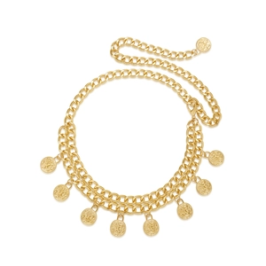 Vintage gold layered body chain belt with carved coin pendants and lobster clasp