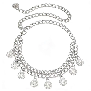 Detail view of silver vintage coin charms on multilayered metal body chain belt