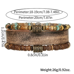 Vintage multilayer leather bracelet set with wooden beads and turquoise accents