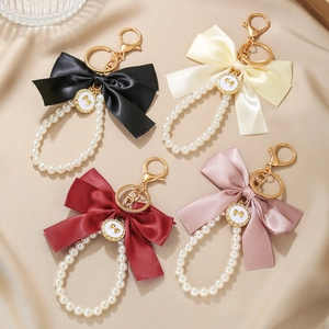 Satin Ribbon Bow Artificial Pearl Keychain Gold Alloy Rhinestone Enamel Pendant Bag Charm For Women Girls Gift Handbag Decoration