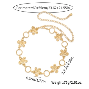 Detail of vintage gold flower waist chain with hammer texture and dimensions scale