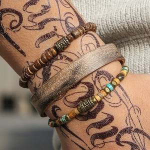 3-piece men's vintage leather and wood bead multi-layer bracelet in bohemian style