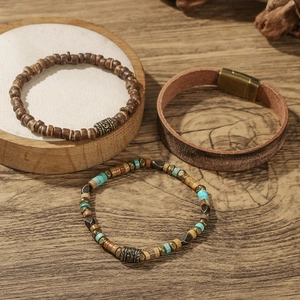 Vintage 3-piece layered bracelet set featuring leather band and natural wood beads