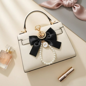 Chic beige handbag with a large black satin bow and elegant pearl chain keychain