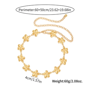 Detail of golden floral body chain with precise measurement and adjustable links