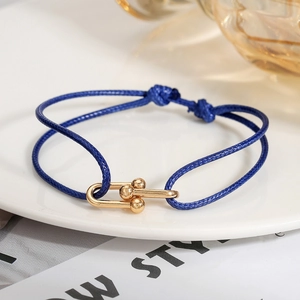 Adjustable blue braided bracelet featuring a gold horseshoe U-shaped clasp on a plate