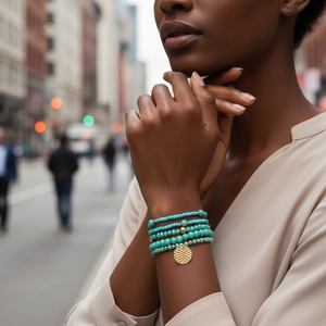 Bohemian multi-layer turquoise glass bead bracelet set with gold textured round pendant